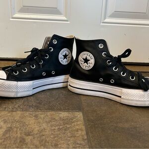 Converse Black Leather High-Top Sneakers with White Platform